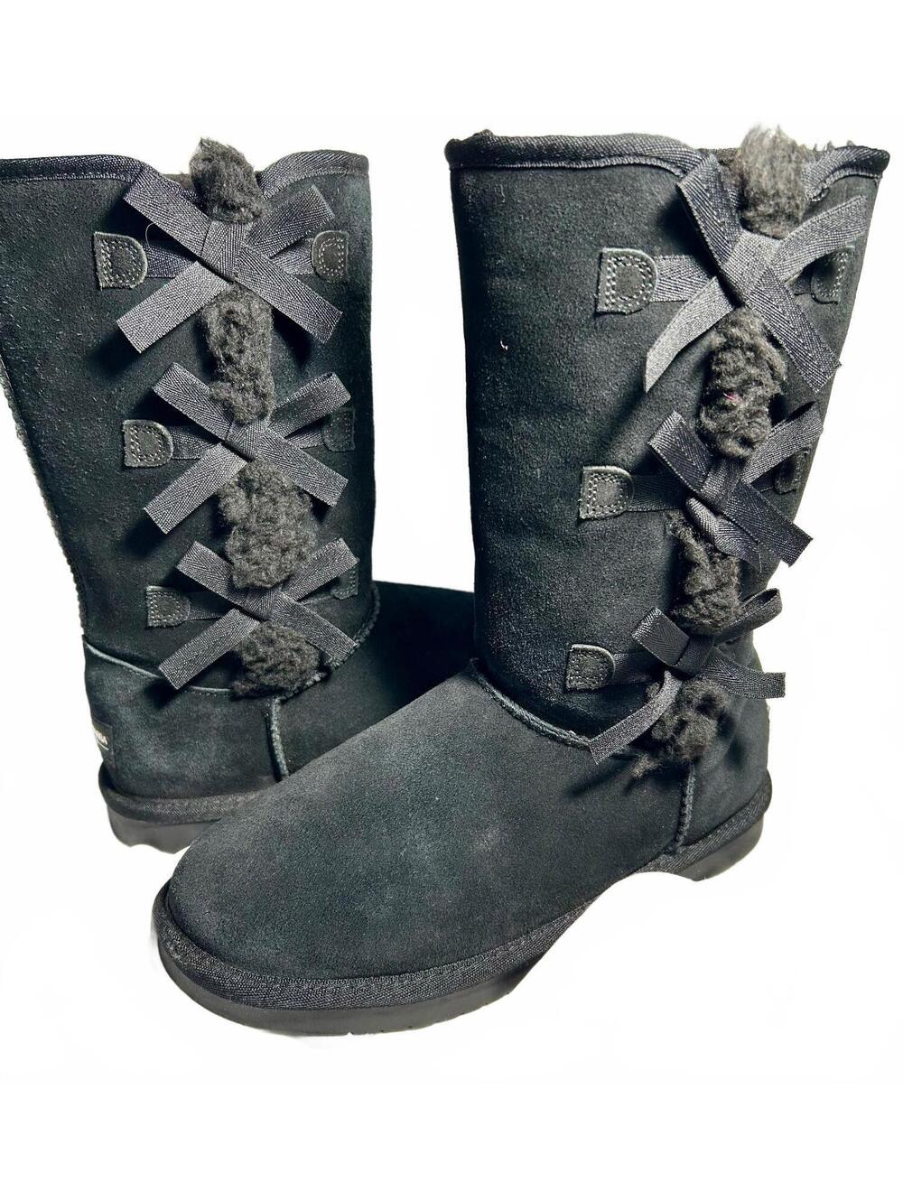 Koolaburra by UGG Victoria Tall Girls Size 5 Black Suede Triple Bow Fur Boots